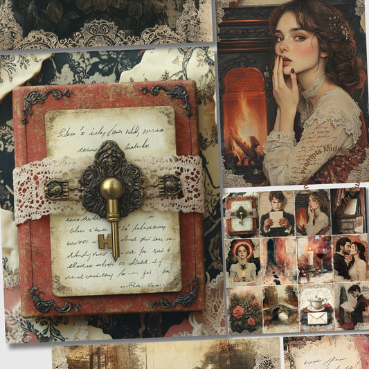 Collage of vintage-style images with a focus on an ornate key and lace design.