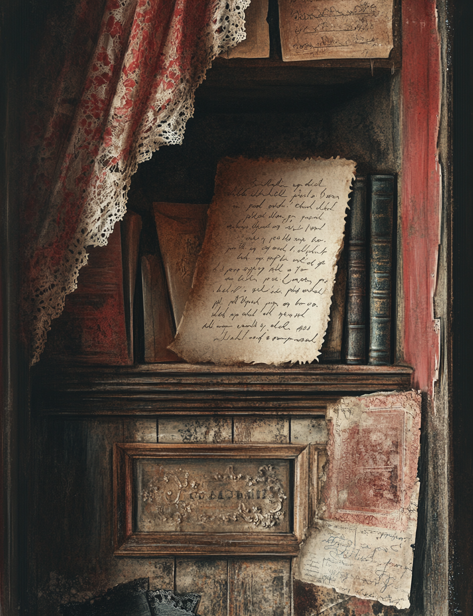Vintage books and papers in a wooden cabinet with lace curtains