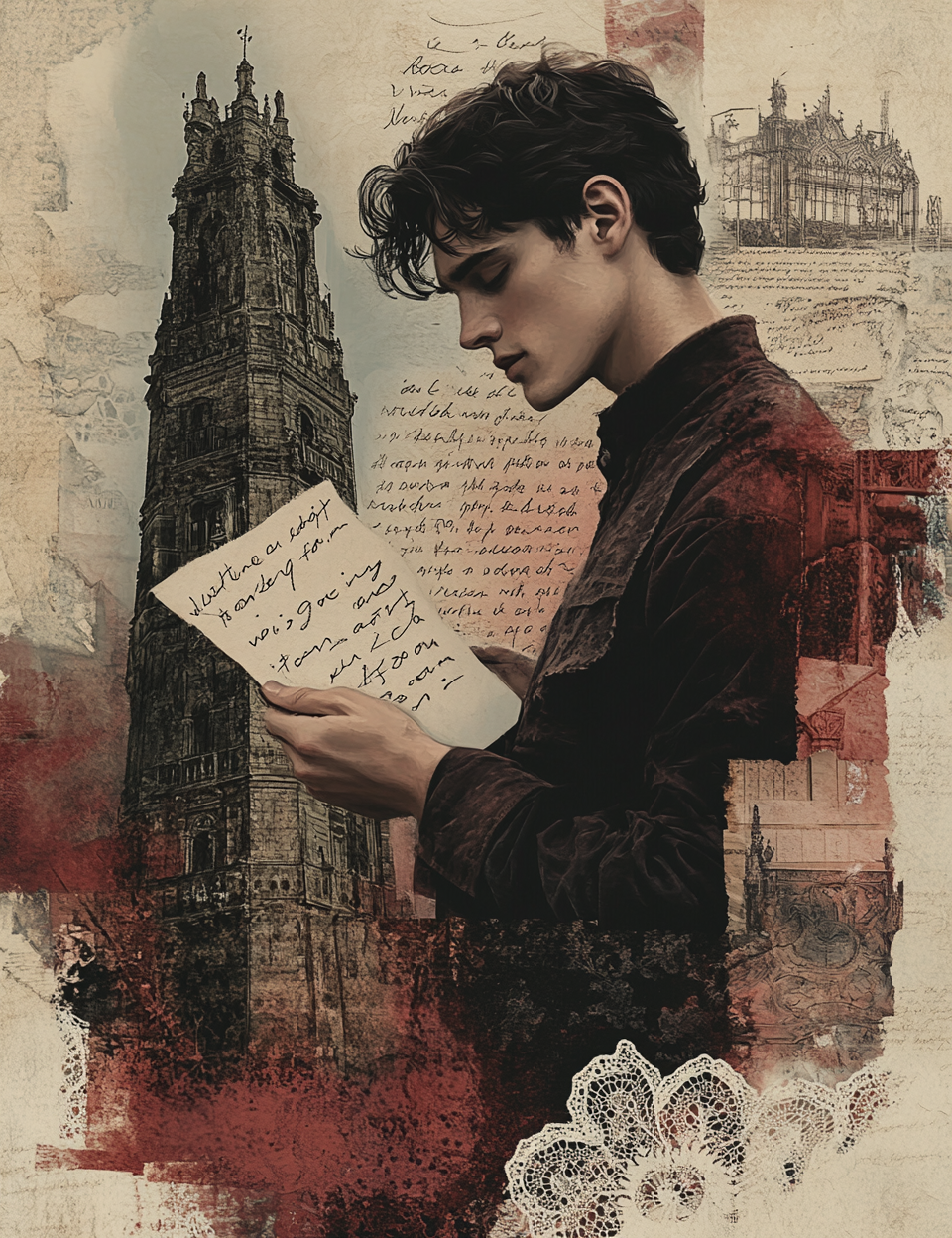 Person holding a letter with architectural and text elements in the background