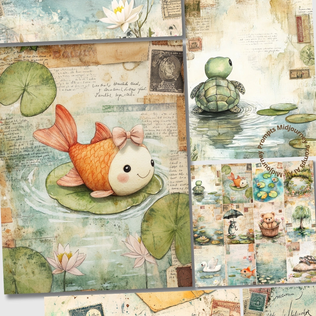Midjourney V 6.1 Prompts for A Very Cute Pond Junk Journal Pages