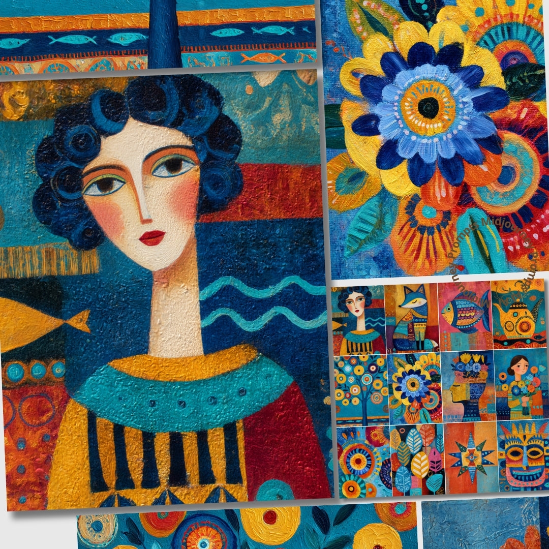 Collage of colorful artwork featuring a woman, flowers, and fish.
