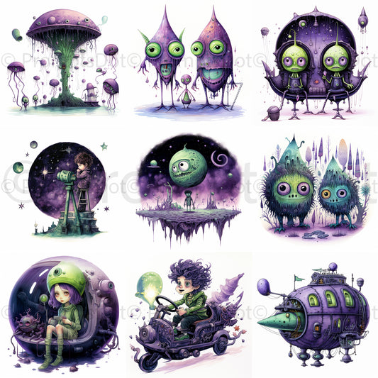 Midjourney Prompt Alien Monster Children Book Illustrations Commercial Use collection of six illustrations purple and green