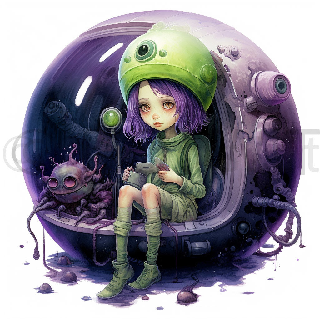a cute girl in a ship Alien Monster Children Digital Art and Midjourney Prompt
