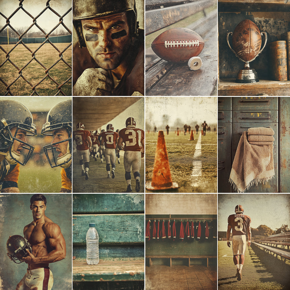 Collage of football-themed images including a player, equipment, and locker room.