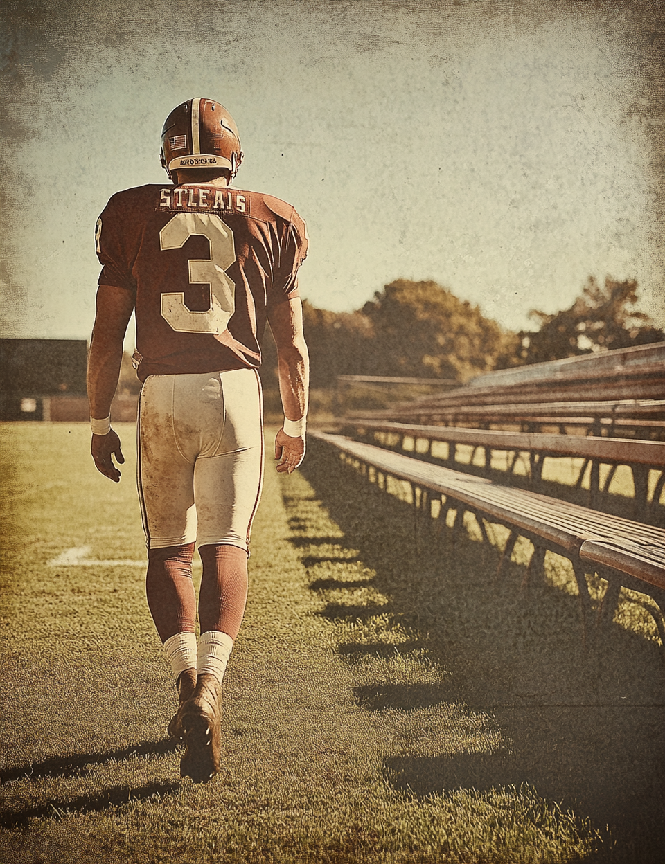 Vintage-style photo of a football player walking on a field with 'Steinb' on the back.