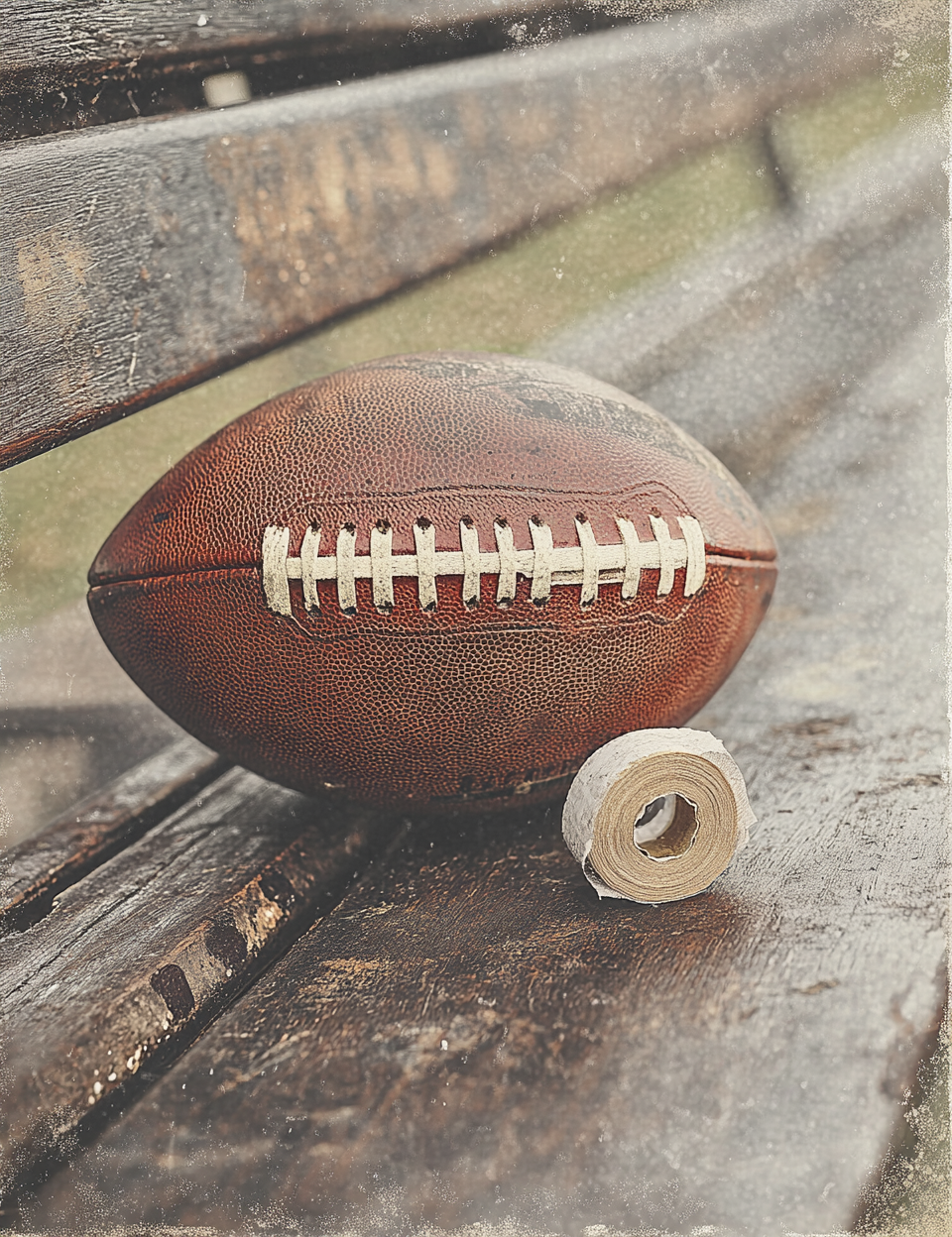Vintage football on a wooden surface with a roll of tape.