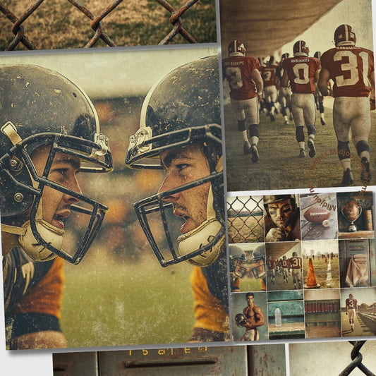 Collage of football-themed images including players, helmets, and a gridiron.