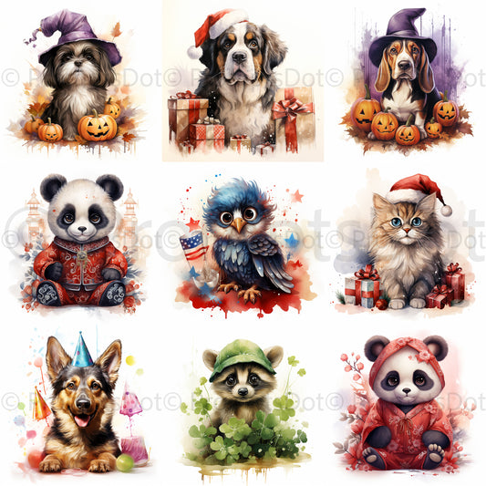 Collection of 9 animals wearing holidays customs Midjourney Prompt Animal Illustrations Holidays Countries Commercial Use