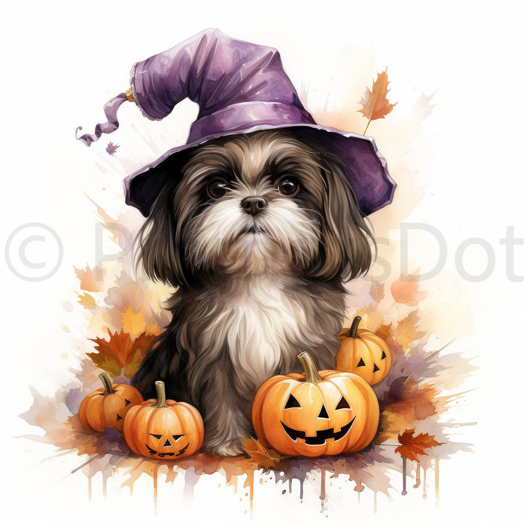 Shi tzu wearing a purple halloween hat Midjourney Prompt Animal Illustrations Holidays Countries Commercial Use