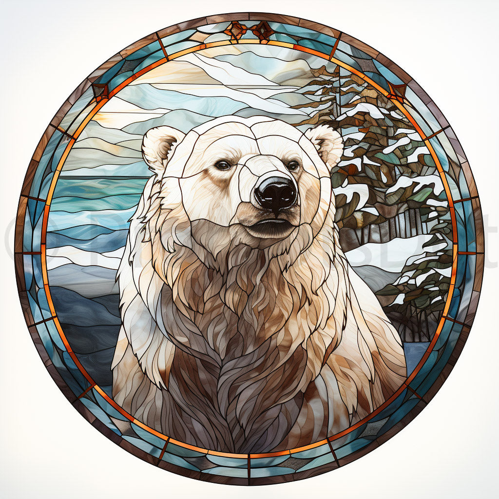 Midjourney Prompt Animal Illustrations Murals Glass Style Commercial Use Polar Bear in the Mountain