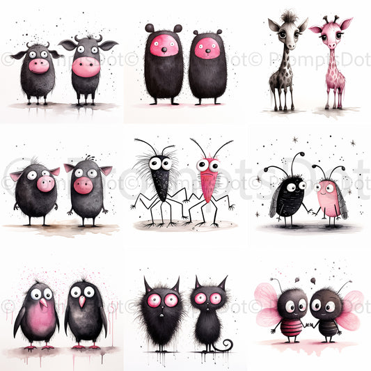 Animals Illustrations Cute Funny Weirds Midjourney Prompt Commercial Use Collection of nine cute pink and black animals