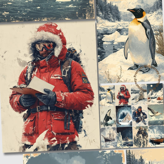 Collage of a person in winter gear with penguins and snowy landscapes.