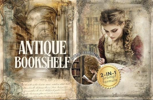 Vintage-style advertisement with a woman reading a book in a library, featuring 'Antique Bookshelf' text.