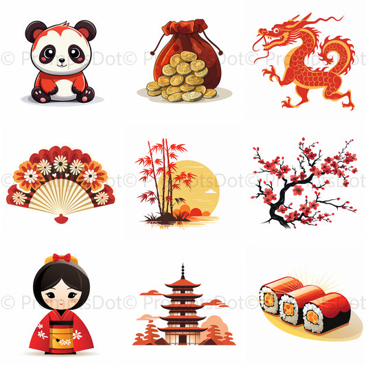 Midjourney Prompt Asian Icons Chinese Cliparts Japanese Art Commercial Use