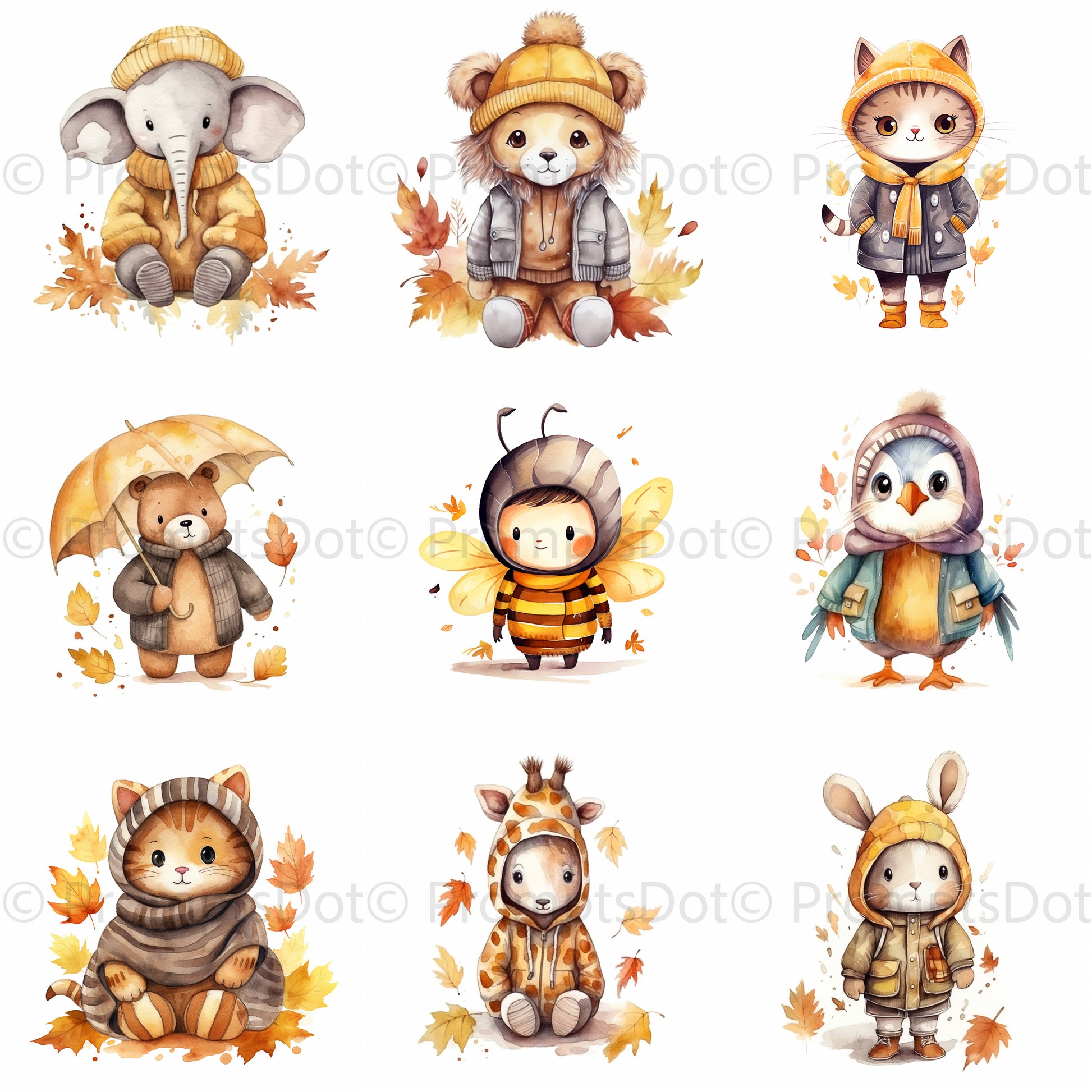 Autumn Animals Fall Watercolor Cliparts Midjourney Prompt Commercial Use