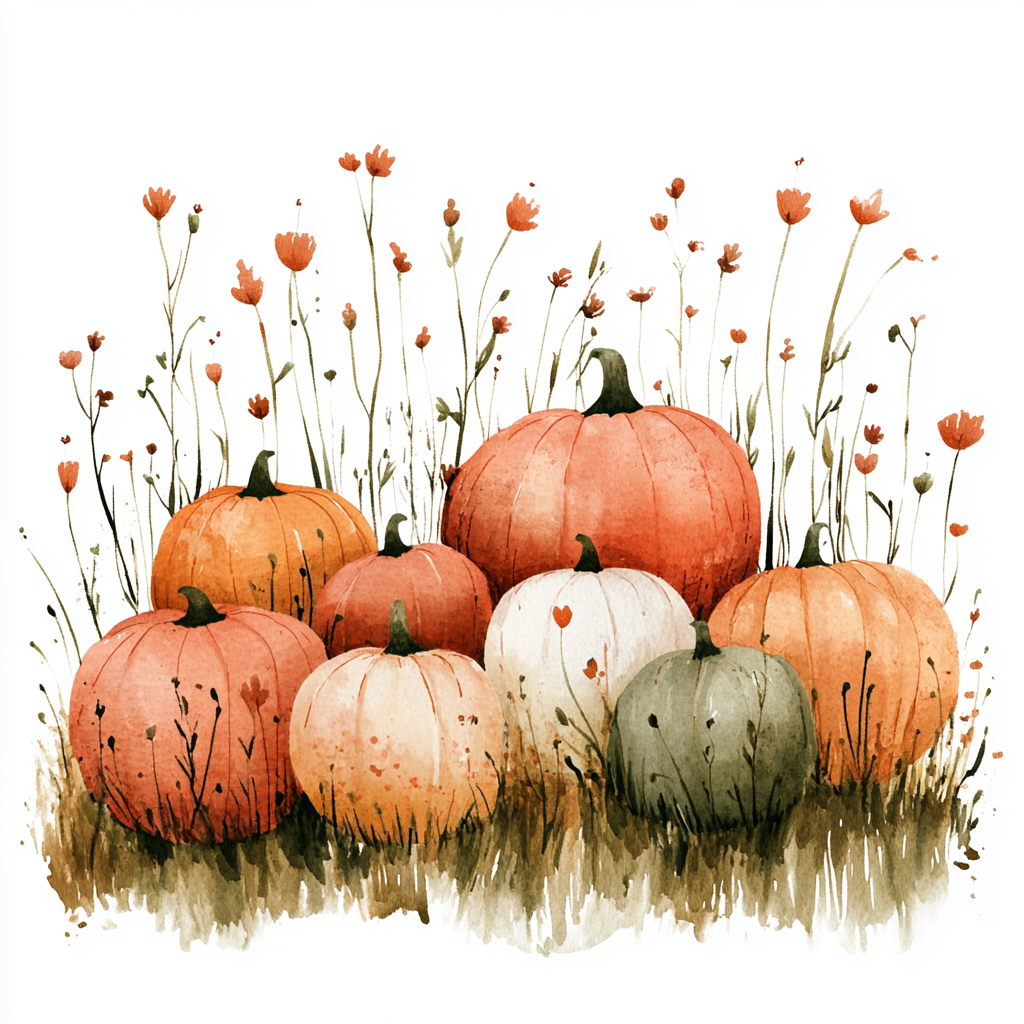 field of pumpkins Midjourney Guide PDF For New Autumn Thanksgiving Watercolors