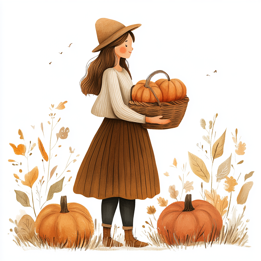 woman holding pumpkins Midjourney Guide PDF For New Autumn Thanksgiving Watercolors