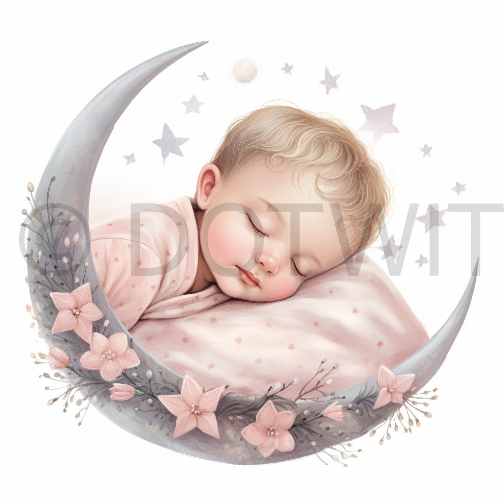 a baby sleeping in the moon Baby Watercolor Digital Clipart Nursery Wall Art Midjourney Prompt Commercial Use