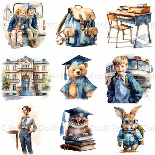 Back To School Watercolor Digital Clipart Midjourney Prompt Commercial Use