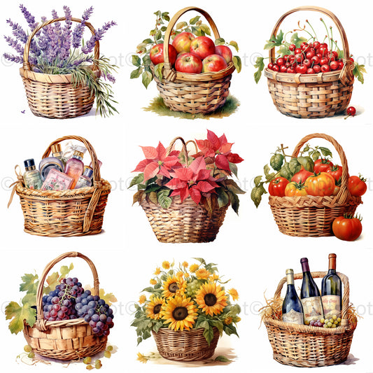 Baskets Watercolor Vintage Floral Fruits Midjourney Prompt Commercial Use