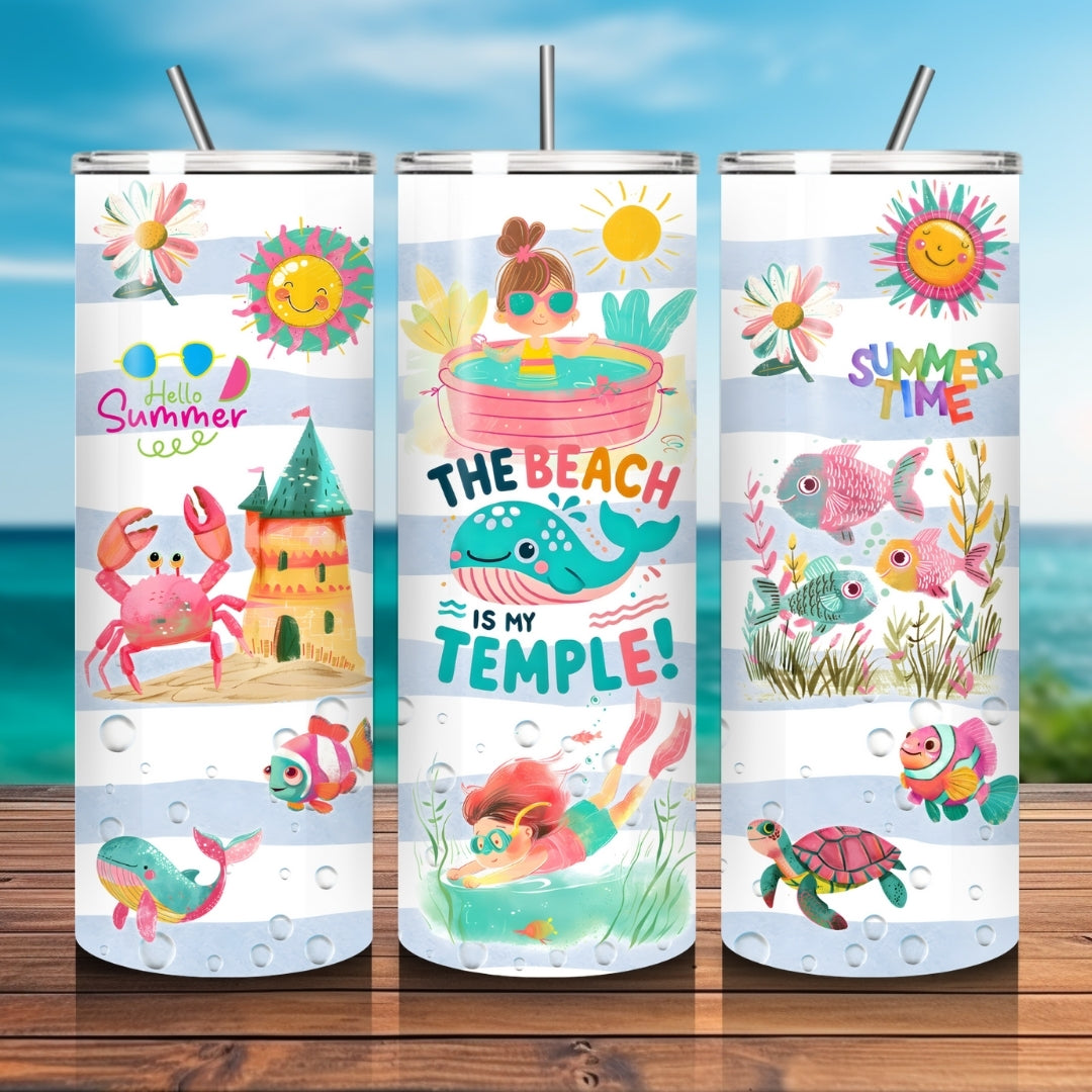 the beach is my temple Hello Summer Wrap for Skinny Tumbler 20 oz, Beach Tumbler Wrap, Summer Vibes Sublimation