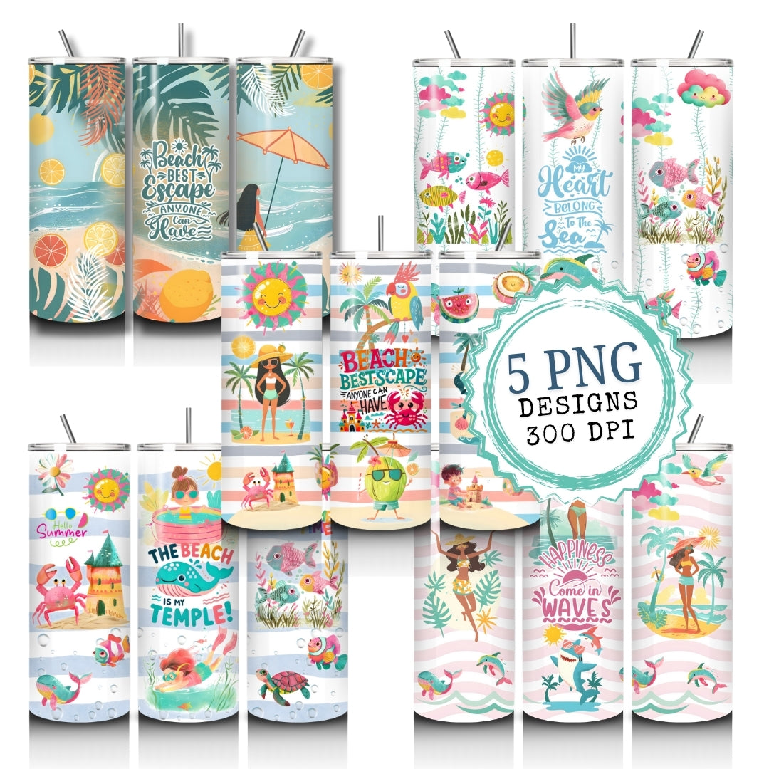 5 PNG designs Hello Summer Wrap for Skinny Tumbler 20 oz, Beach Tumbler Wrap, Summer Vibes Sublimation
