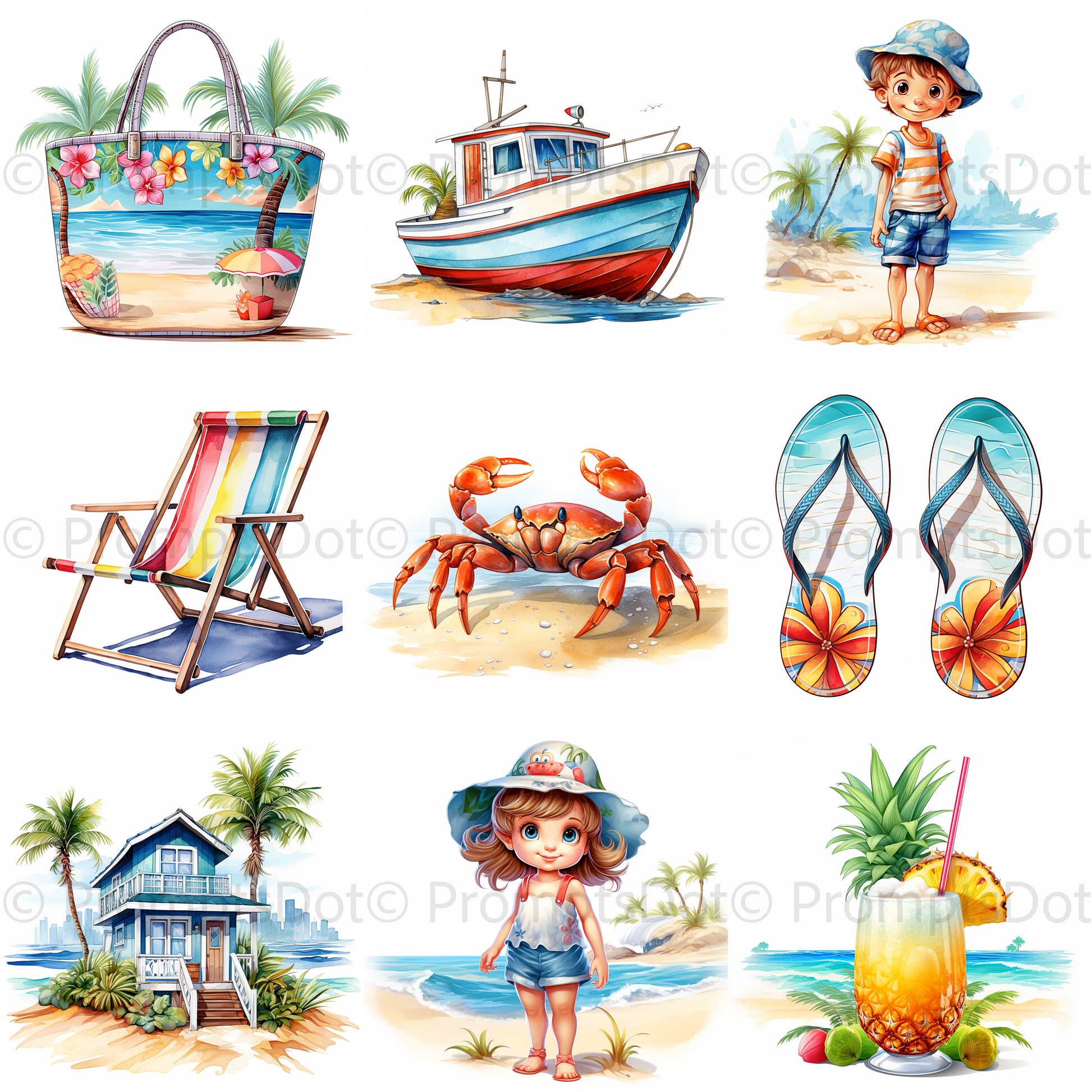 Beach Watercolor Clipart Summer Drawings Midjourney Prompt Commercial Use