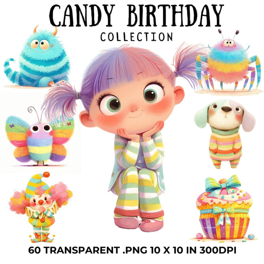 Candy Birthday Watercolor Clipart PNG Digital Download, Birthday Girl