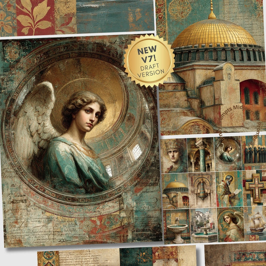 Collage of angel-themed artwork with architectural elements and decorative patterns.