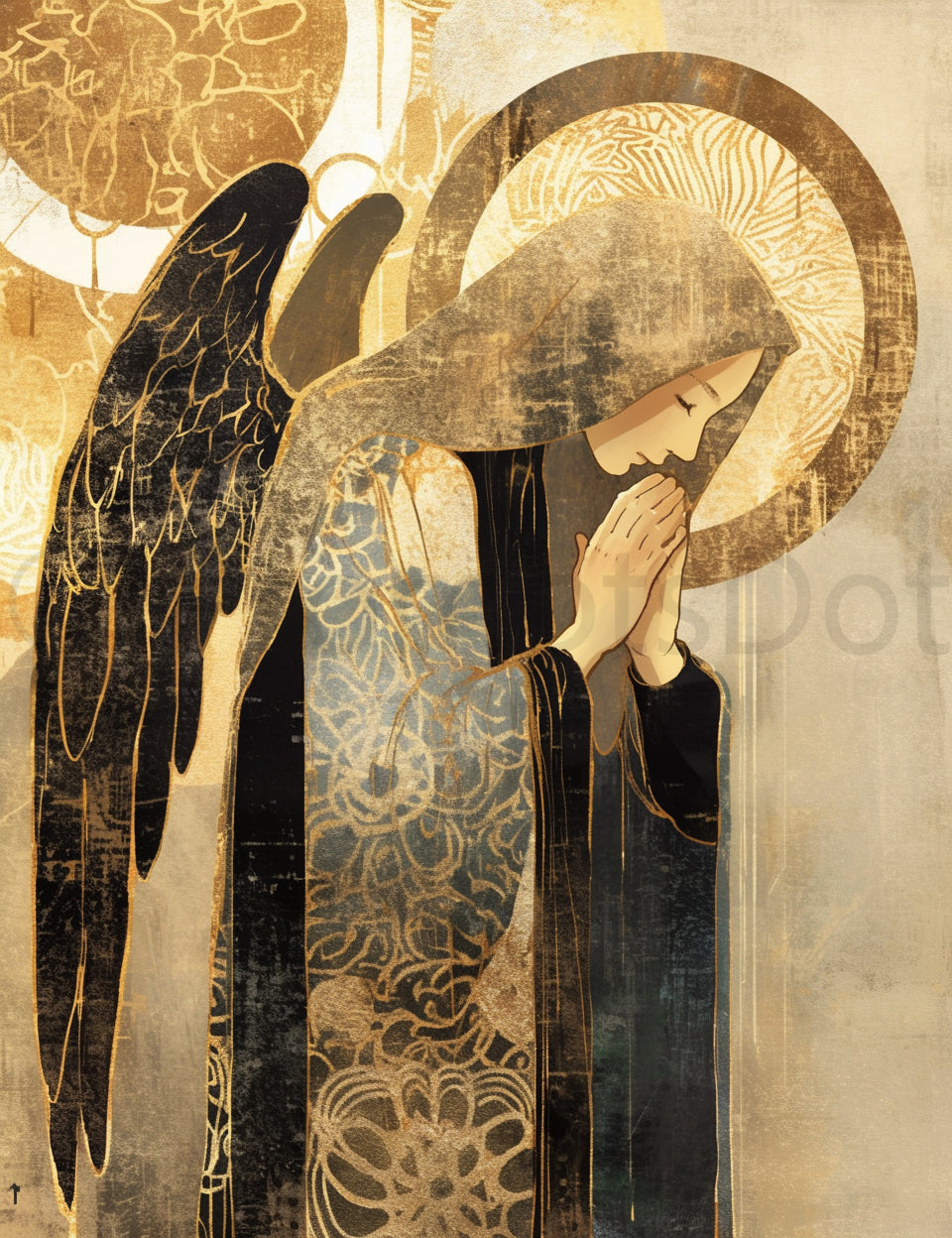 angel praying Midjourney Prompts For Black And Gold Fantasy Digital Papers