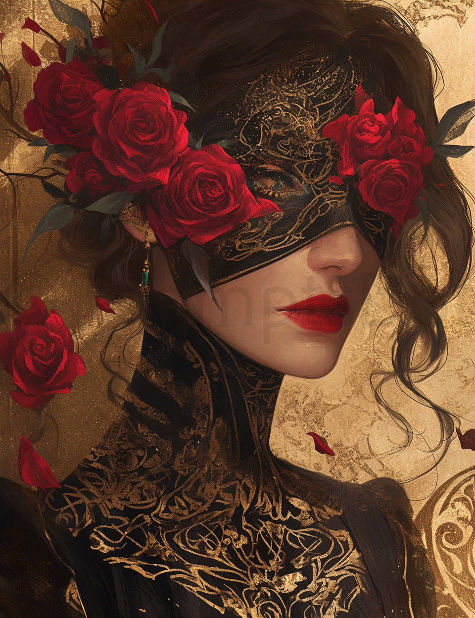 woman adorned with roses Midjourney Prompts For Black And Gold Fantasy Digital Papers
