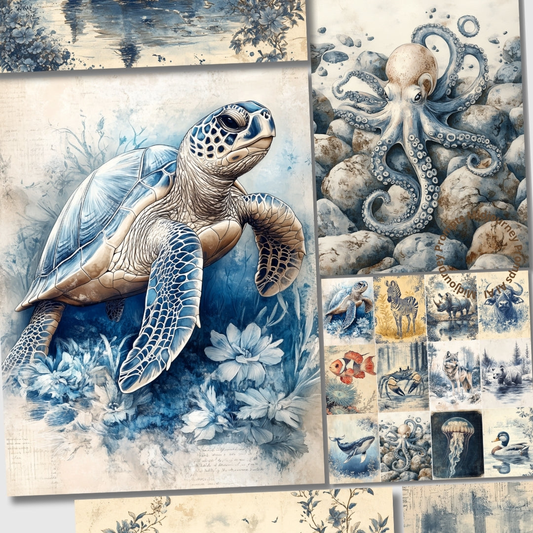 Collage of a turtle, octopus, and various marine life illustrations.