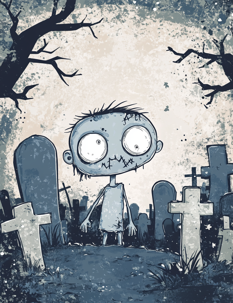 a ghoul in the cemetery Midjourney Guide PDF for Cute Blue Halloween Scrapbooking Cards