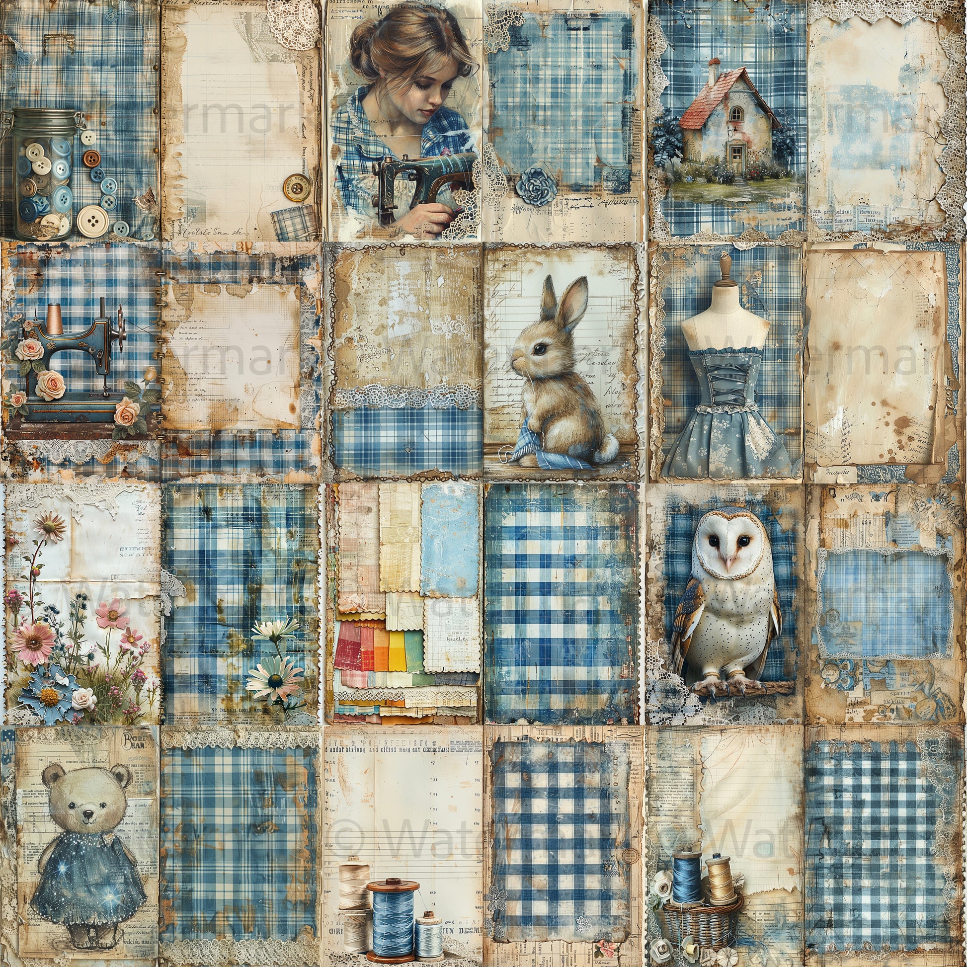 grid of images Midjourney Guide PDF for Blue Vintage Sewing Junk Journal Pages