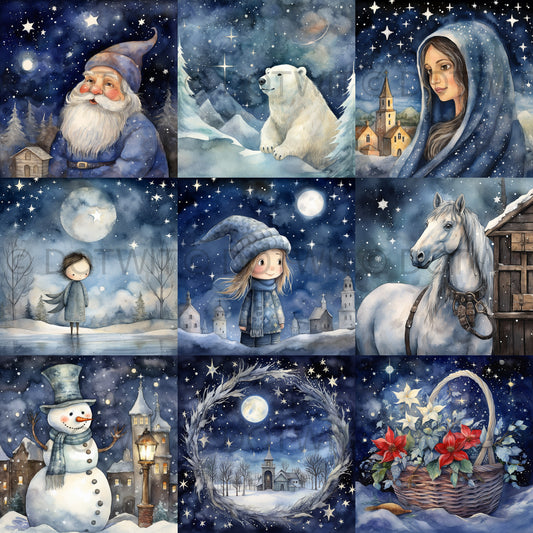 Blue Winter Christmas Card Junk Journals Digital Art and Midjourney Prompt Commercial Use