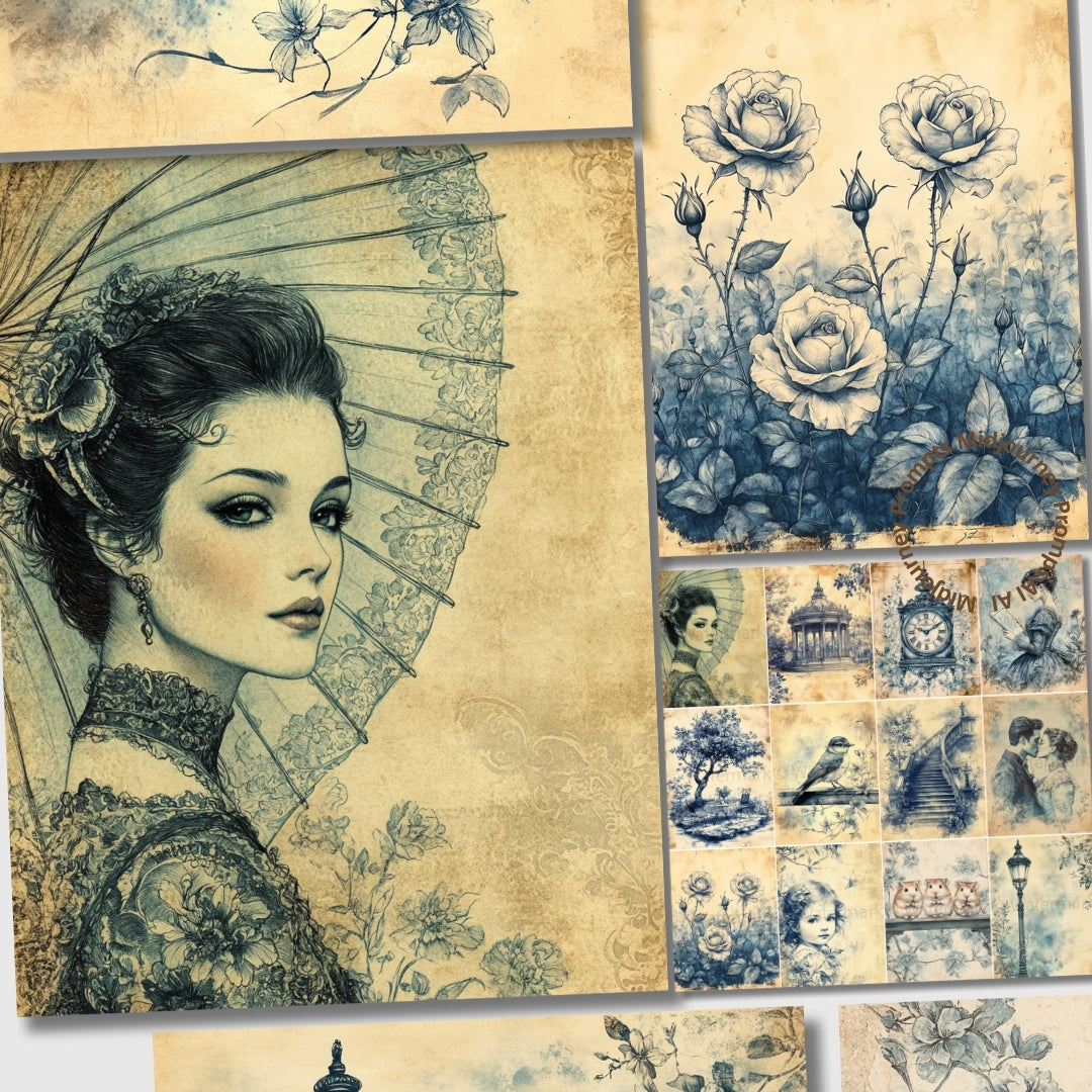 Midjourney Prompts for Blue Toile Junk Journal Kit