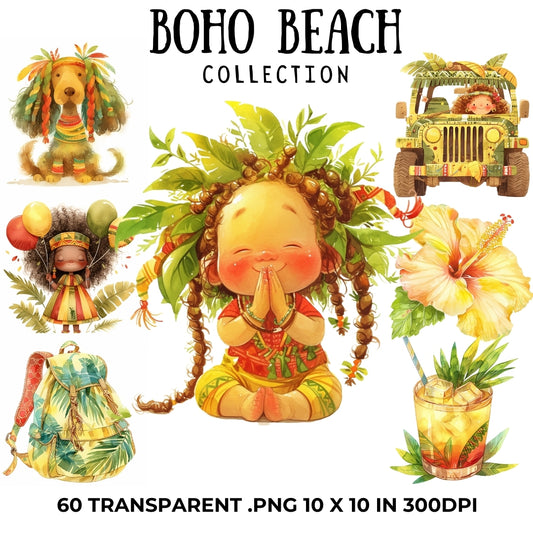 Boho Beach Clipart PNG Digital Download, Vacation Watercolor