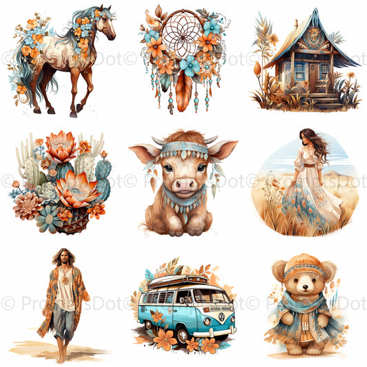 Boho Watercolor Cliparts Bohemian Icons Midjourney Prompt Commercial Use