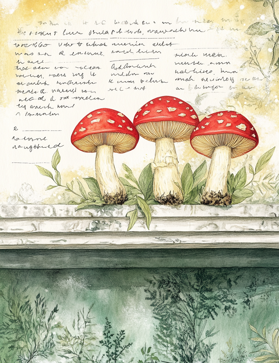 red mushrooms Botanical Notes Journaling Papers Midjourney Prompt