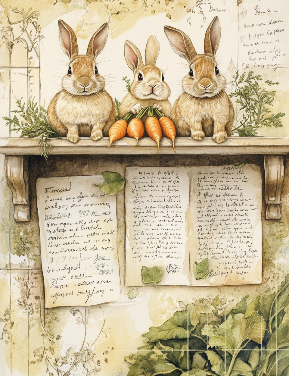 cute rabbits Botanical Notes Journaling Papers Midjourney Prompt