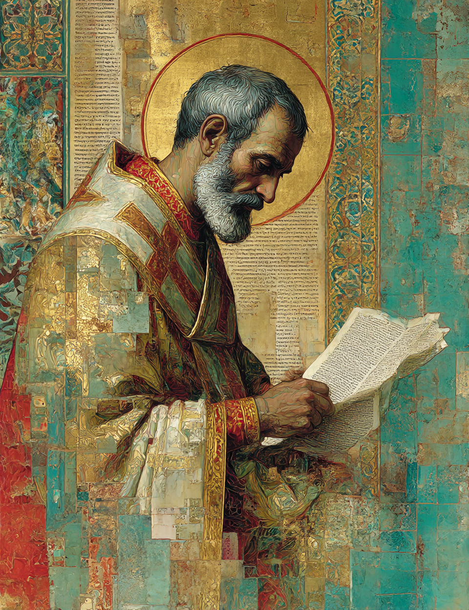 Artistic depiction of a religious figure reading a book against a textured, multicolored background.