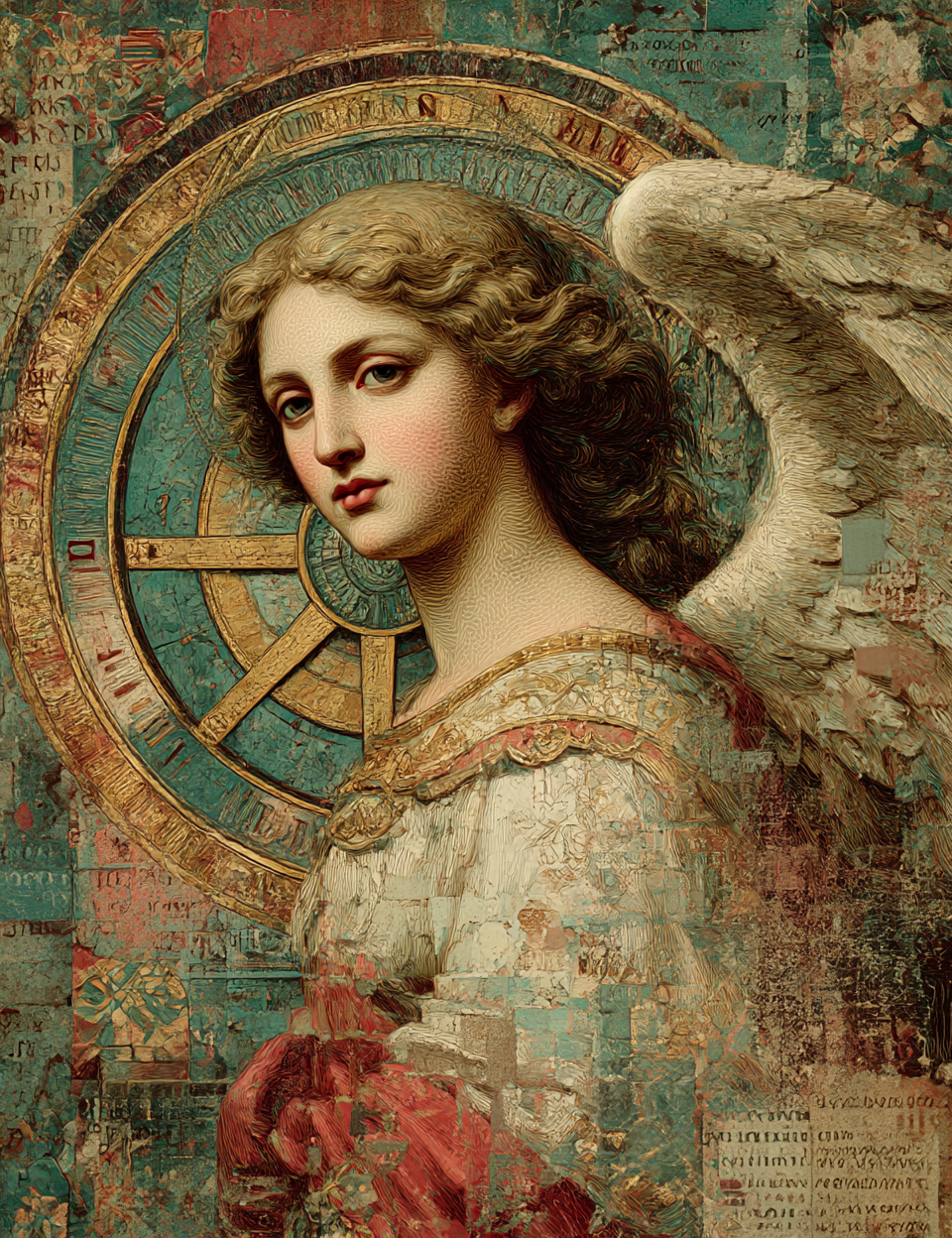 Artistic depiction of an angel with a detailed background