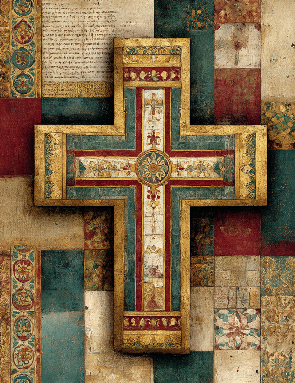 Decorative cross with intricate patterns on a textured background
