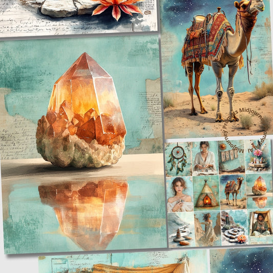 Collage of a large crystal, a camel in the desert, and a woman with a crystal.