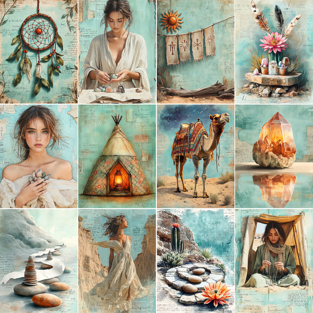 Collage of various images including a dreamcatcher, a woman, a teepee, a camel, and other nature-themed elements.
