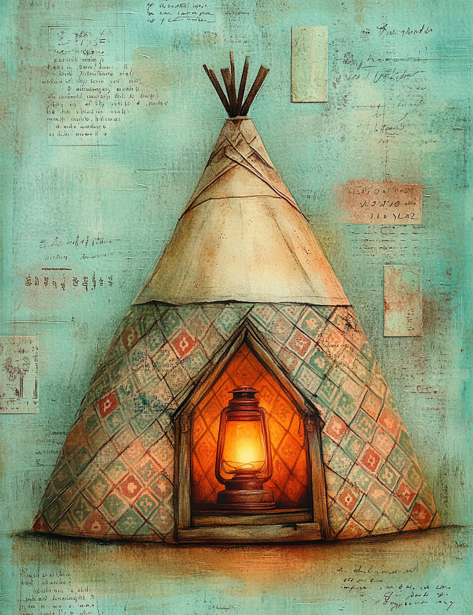 Illustration of a teepee with a lantern inside on a textured background