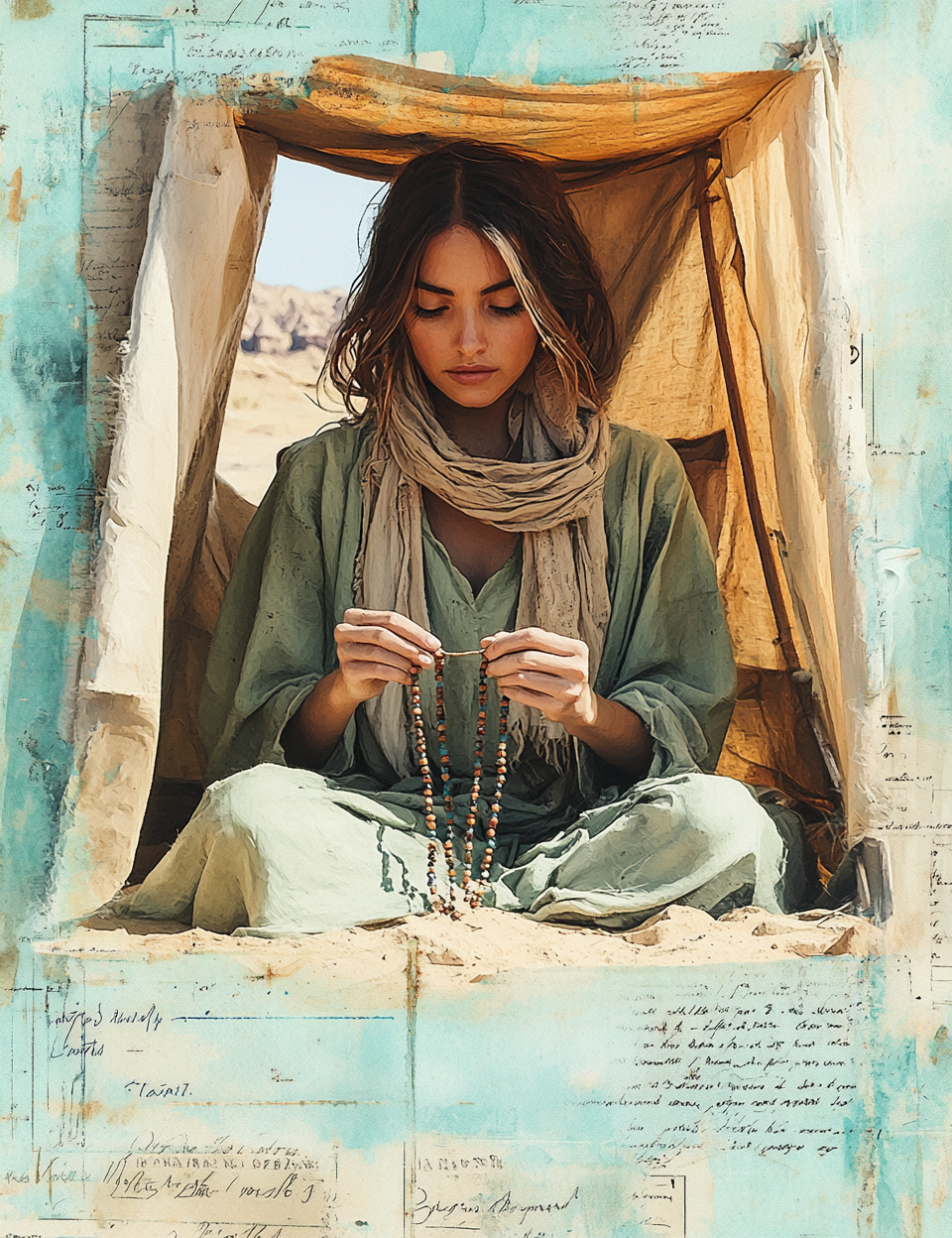 Woman sitting inside a tent holding prayer beads with a desert landscape in the background