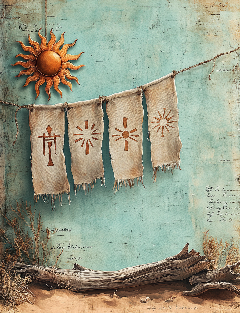 Decorative scene with sun and banners on a textured wall