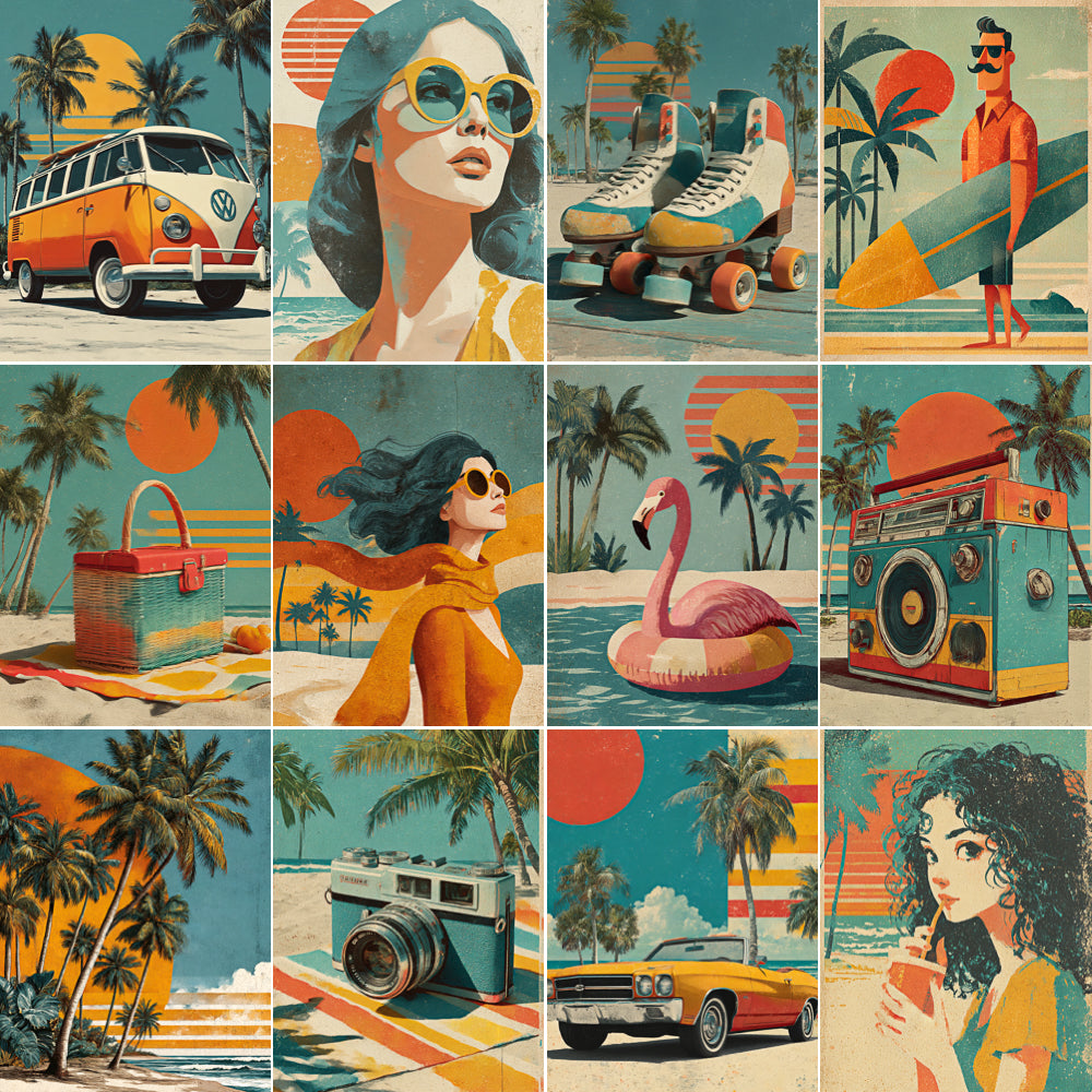 Collage of retro-style images featuring a van, woman with sunglasses, roller skates, surfboard, picnic basket, flamingo, camera, and more.
