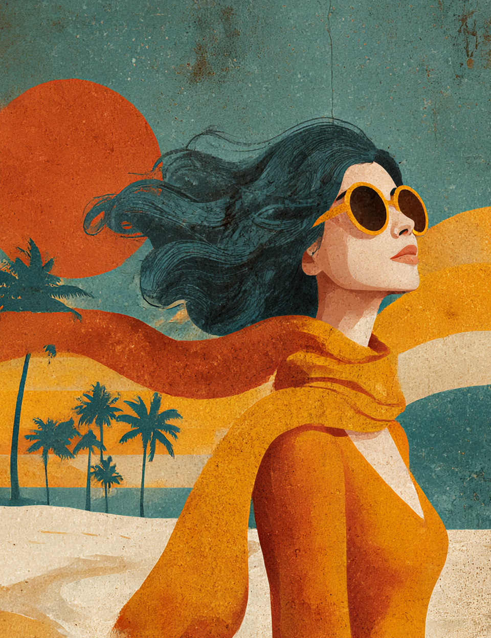 Woman with sunglasses and orange scarf against a tropical sunset background